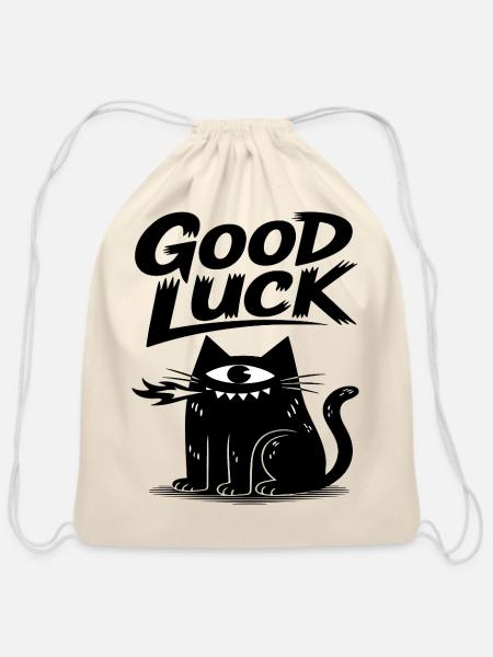 Black Cat of Luck – Cool One-Eyed Cat Design - Cotton Drawstring Bag - natural
