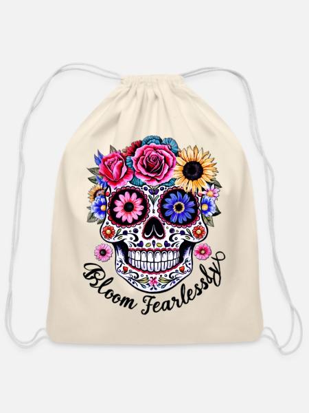 Skull with Floral Elements - Cotton Drawstring Bag - natural