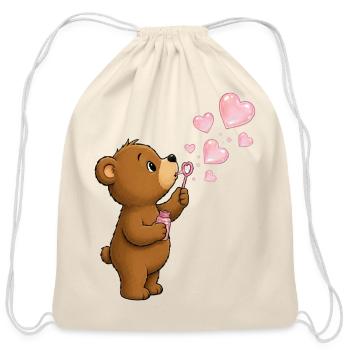Cute Bear with Heart-Shaped Soap Bubbles Design - Cotton Drawstring Bag - natural - Front