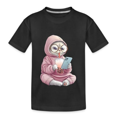 Cool Cat Bubble Tea Cartoon Design - Kid's Premium Organic T-Shirt