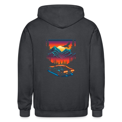 1980s Muscle Car and Retro Neon Mountain Sunset - Gildan Heavy Blend Adult Zip Hoodie