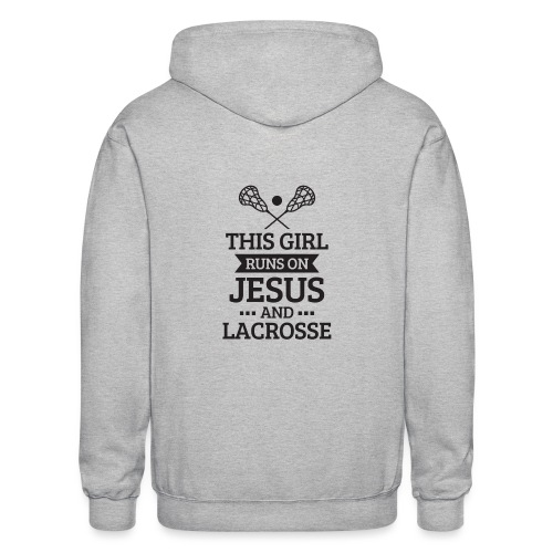 Lacrosse Shirt, Girls Lacrosse Gift, Runs on Jesus - Gildan Heavy Blend Adult Zip Hoodie