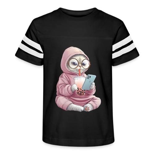 Cool Cat Bubble Tea Cartoon Design - Kid's Football Tee