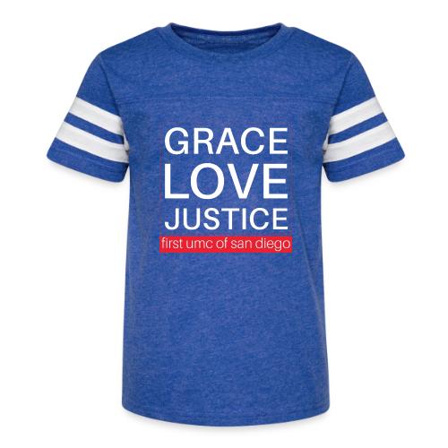 Grace Love Justice - square - Kid's Football Tee