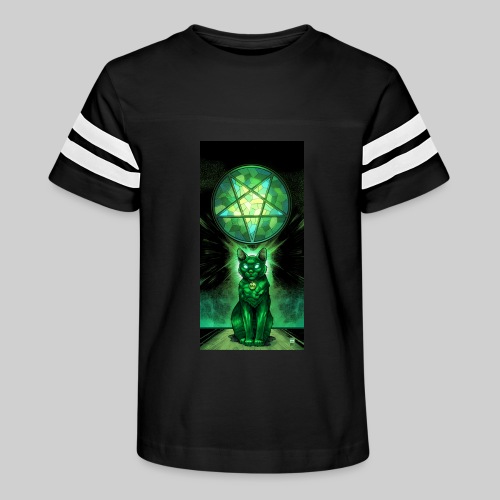 Green Satanic Cat and Pentagram Stained Glass - Kid's Vintage Sports T-Shirt