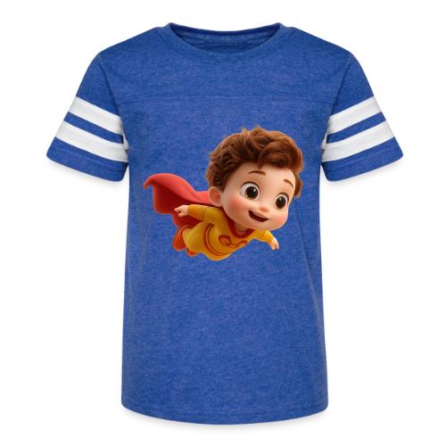 Flying Cartoon Superhero Boy in Yellow Suit - Kid's Football Tee