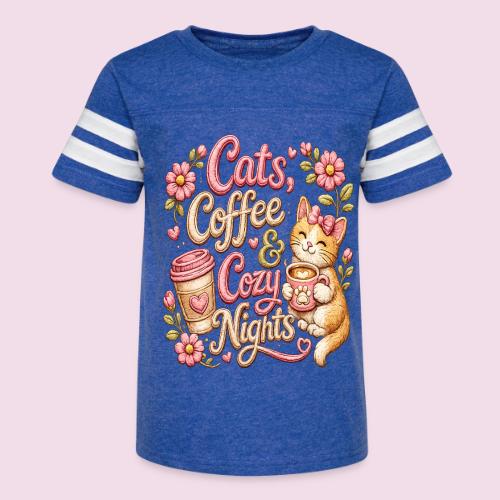 Cats, Coffee & Cozy Nights Faux Stitched Design - Kid's Football Tee
