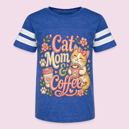 Cat Mom & Coffee Faux Stitched Cat Lover Design - Kid's Football Tee