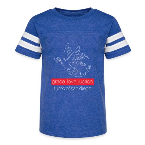 Grace. Love. Justice.- dove and earth graphic - Kid's Football Tee