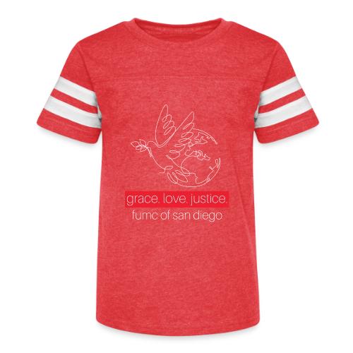 Grace. Love. Justice.- dove and earth graphic - Kid's Football Tee