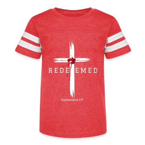 Redeemed by the blood of Jesus - Ephesians 1:7 - Kid's Football Tee