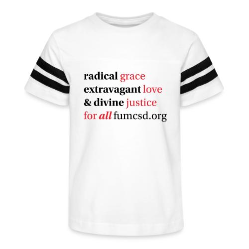 Grace. Love. Justice. serif font - Kid's Football Tee