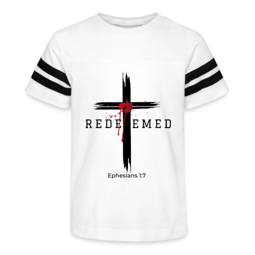 Redeemed by the blood of Jesus - Ephesians 1:7 - Kid's Football Tee
