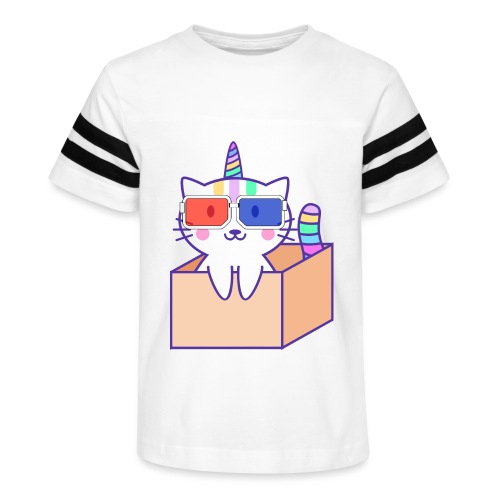 Unicorn cat with 3D glasses doing Vision Therapy! - Kid's Vintage Sports T-Shirt
