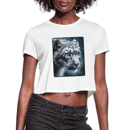 Snow Leopard Blue Eyes Design - Women's Cropped T-Shirt