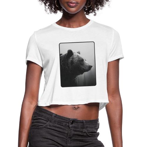 Grizzly Bear Black White Portrait Design - Women's Cropped T-Shirt