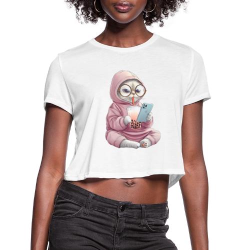 Cool Cat Bubble Tea Cartoon Design - Women's Cropped T-Shirt