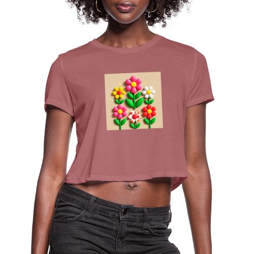 3D Flowers and Butterflies in Amber, Floral Design - Women's Cropped T-Shirt
