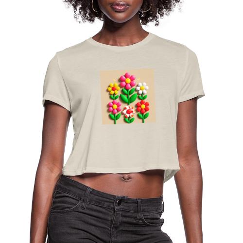 3D Flowers and Butterflies in Amber, Floral Design - Women's Cropped T-Shirt