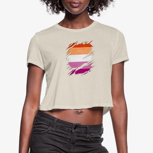 Lesbian Pride Flag Ripped Reveal - Women's Cropped T-Shirt