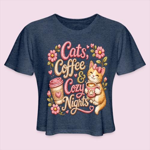 Cats, Coffee & Cozy Nights Faux Stitched Design - Women's Cropped T-Shirt