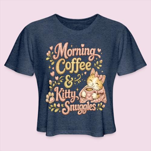 Morning Coffee & Kitty Snuggles Faux Stitched - Women's Cropped T-Shirt