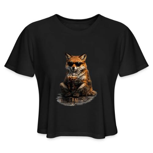 Cool Red Fox Wearing Sunglasses Drinking Coffee - Women's Cropped T-Shirt