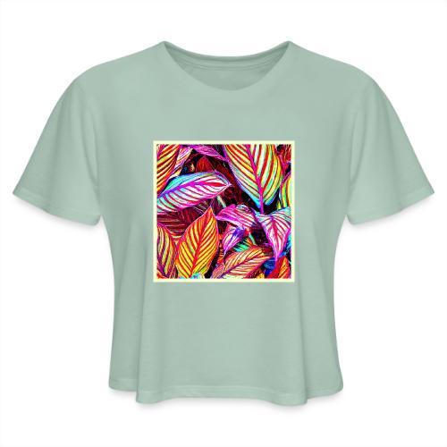 Striped Neon Leaves Design - Women's Cropped T-Shirt