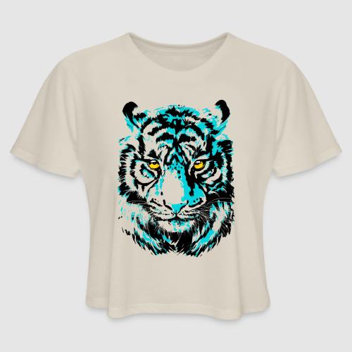 Artistic Tiger Head Portrait Drawing - Turquoise - Women's Cropped T-Shirt