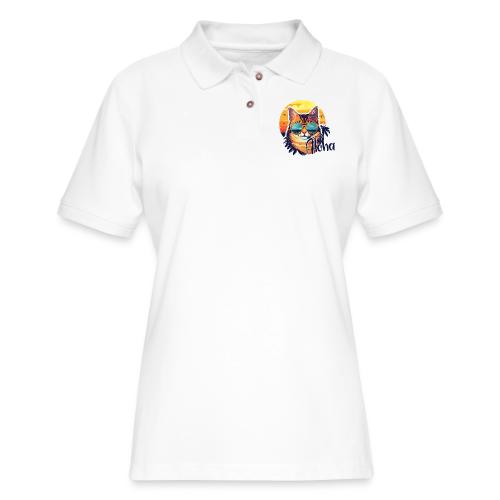 Funny Cat in Hawaiian Aloha Sunglasses - Women's Pique Polo Shirt