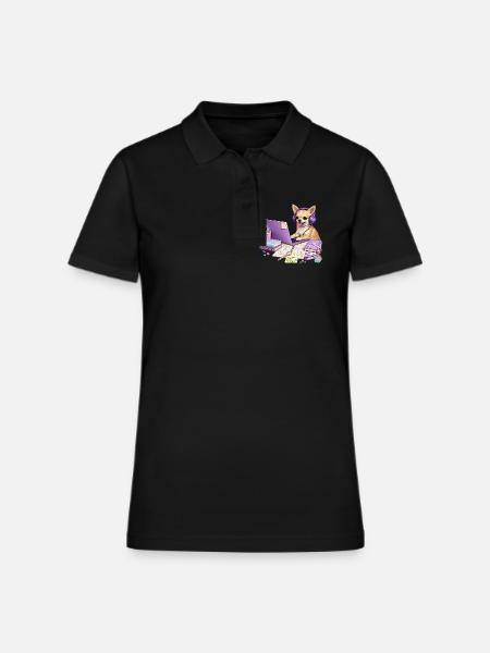 Purple Code Pup at Laptop - Women's Pique Polo Shirt - black - Front