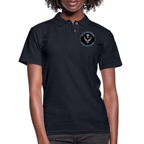 BlackOpsTransBigger1 Front with Mr Grey Back Logo - Women's Pique Polo Shirt