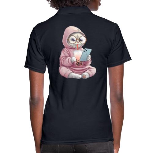 Cool Cat Bubble Tea Cartoon Design - Women's Pique Polo Shirt