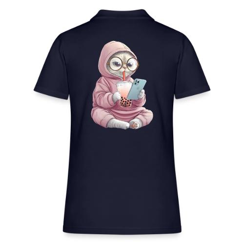 Cool Cat Bubble Tea Cartoon Design - Women's Pique Polo Shirt