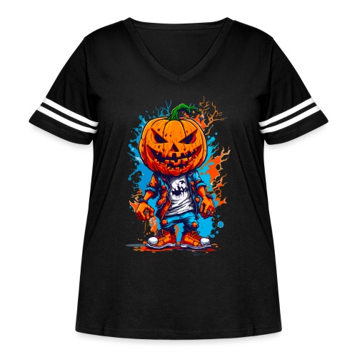 Elevate Halloween with Our Pumpkin Head T-Shirt! - Women's Curvy V-Neck Football Tee