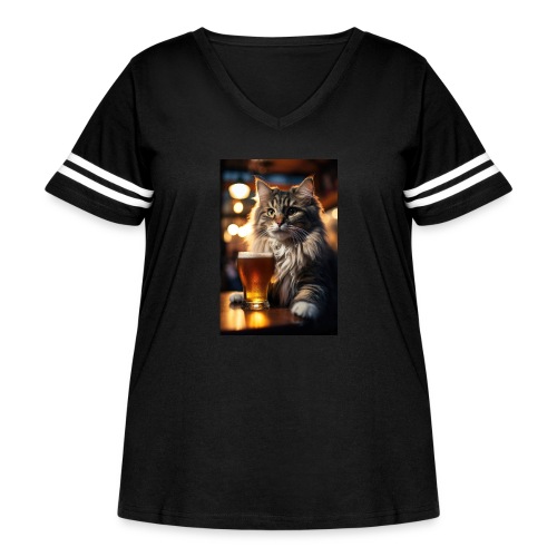 Bright Eyed Beer Cat - Women's Curvy V-Neck Football Tee