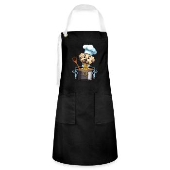 Cute dog eats cooks spaghetti pasta noodles - Artisan Apron - black/white - Front