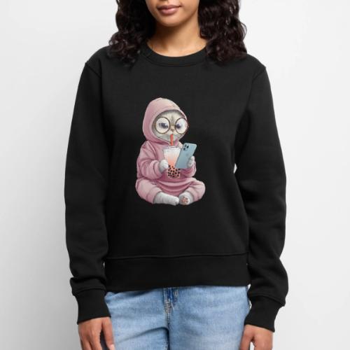 Cool Cat Bubble Tea Cartoon Design - Women's Premium Slim Fit Sweatshirt