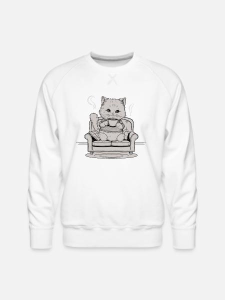 Coffee Cat In Comfy Chair - Men's Premium Sweatshirt - white