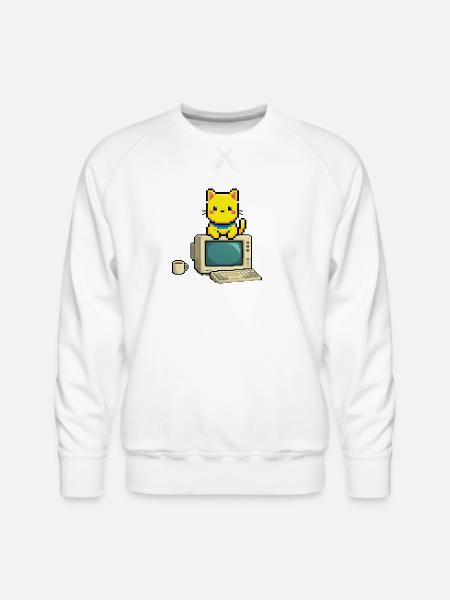 Pixel Cat on Retro Computer - Men's Premium Sweatshirt - white