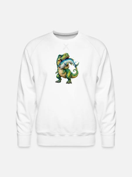 Cretaceous Catch: Dino with Fish - Men's Premium Sweatshirt - white