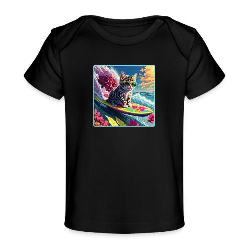 Kitten Surfing A Pink Flower Wave - Baby Organic T-Shirt