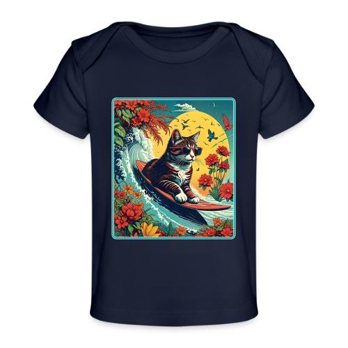 Kitten Surfing In Flowers - Baby Organic T-Shirt