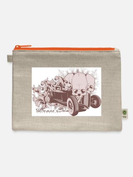 Vintage hot rod with skulls and ornate vines - Hemp Carry All Pouch - natural/orange