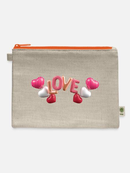 Glossy 3D Love Letters with Hearts - Hemp Carry All Pouch - natural/orange