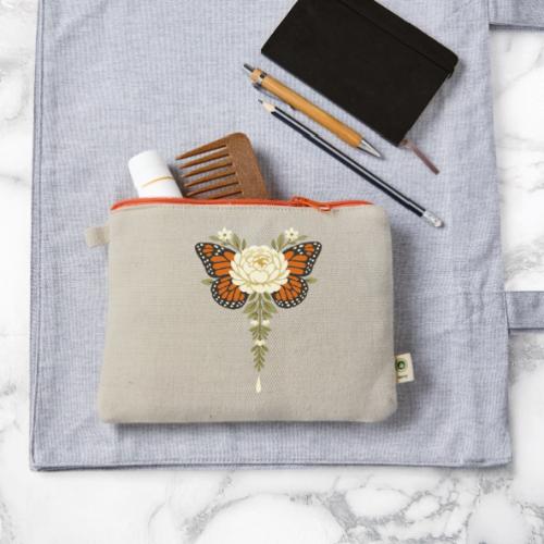Monarch Butterfly Floral Botanical Art - Hemp Carry All Pouch