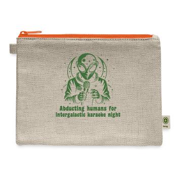 Alien With Microphone: Abducting humans Karaoke - Hemp Carry All Pouch - natural/orange - Front