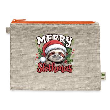 Sloth Wearing Santa Hat Merry Slothmas T-Shirt - Hemp Carry All Pouch - natural/orange - Front