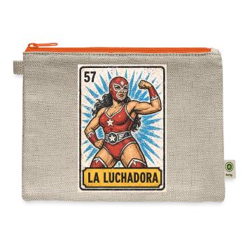 Vintage La Luchadora Mexican Lotería Art - Hemp Carry All Pouch - natural/orange - Front