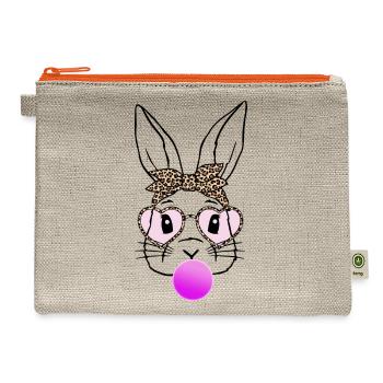 Leopard Print Rabbit Bunny Blowing Bubble Gum - Hemp Carry All Pouch - natural/orange - Front